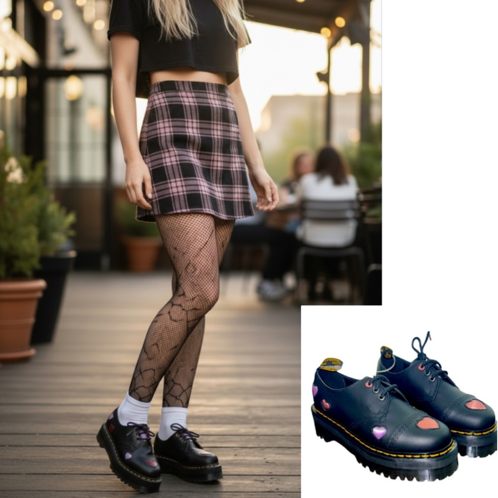 Dr. Martens Black Platform Oxfords with Pink Heart Accents